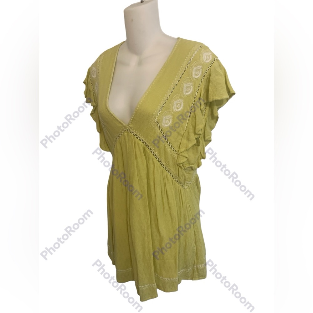 Free People Falling Water Embroidered Tunic Top Citron Flutter Sleeves Women M